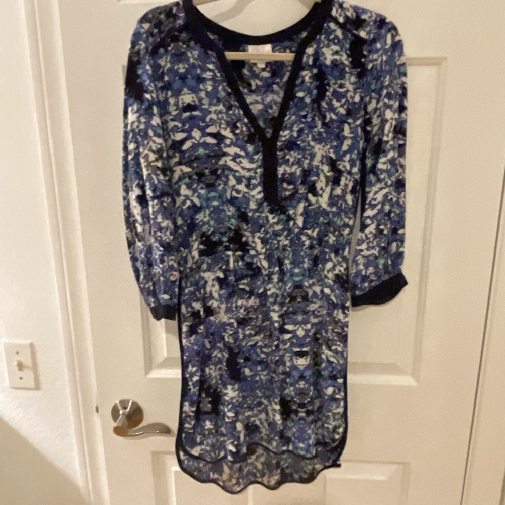 Parker Blue and Black Long Sleeve Silk Dress